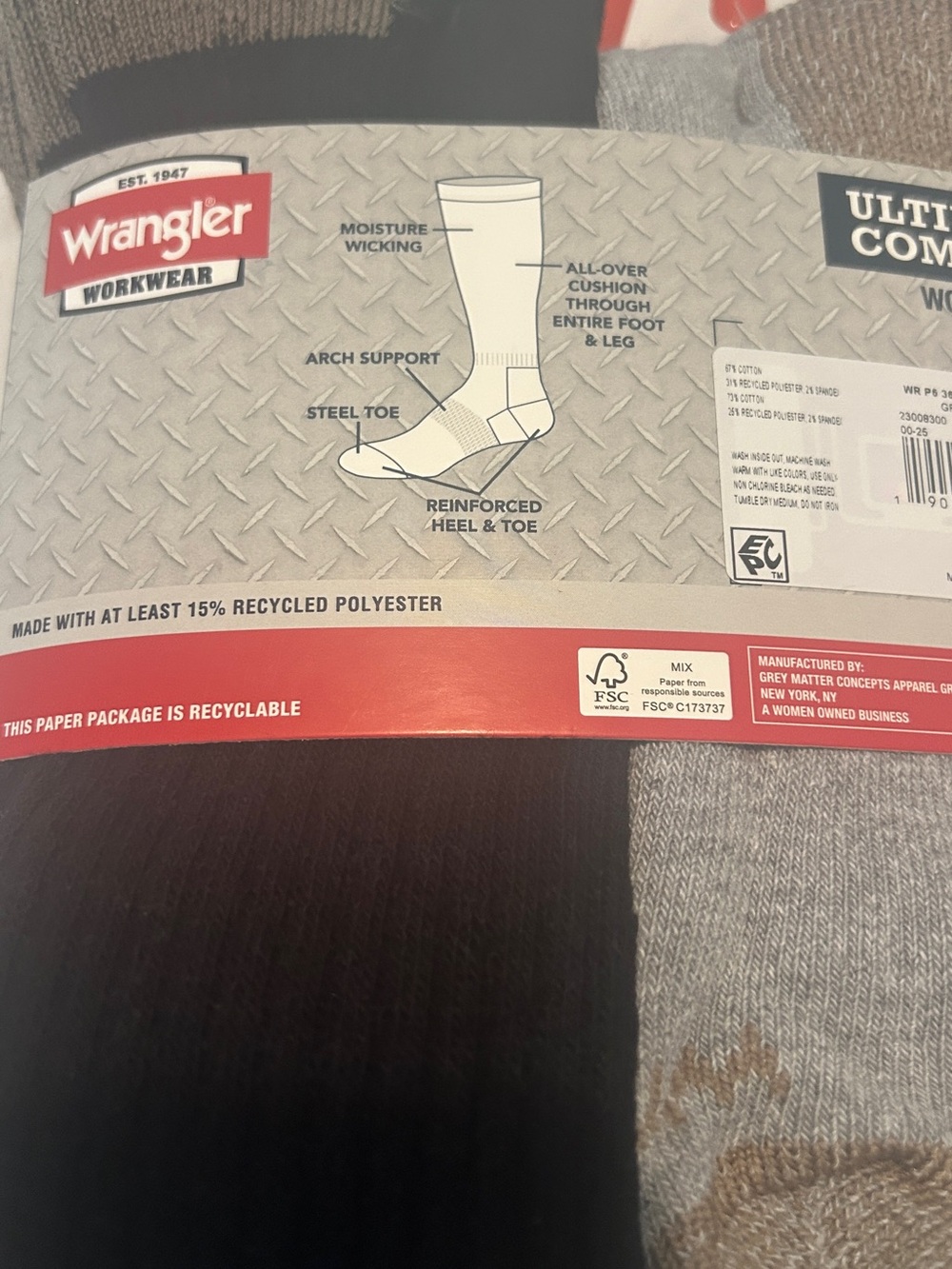 Wrangler Workwear Ultimate Comfort Steel Toe Crew Socks 6 Pack NWT Size 6-12 - Picture 3 of 5
